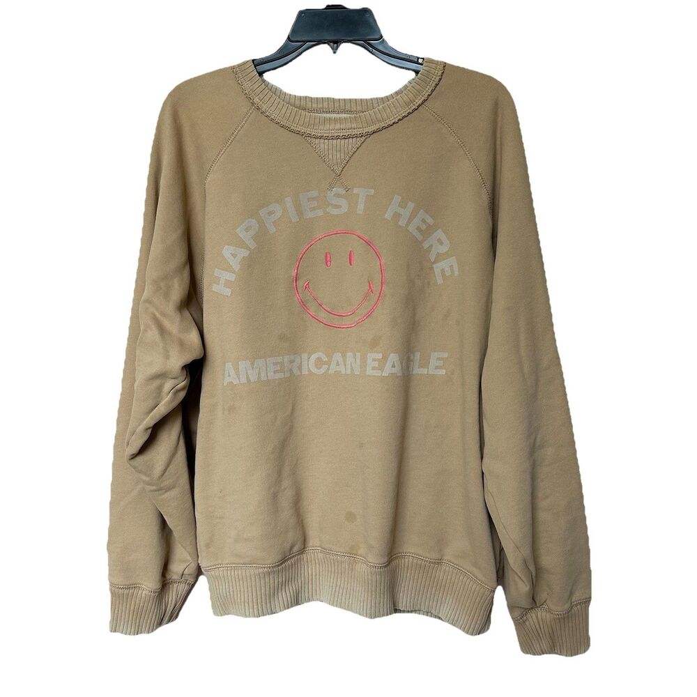 American Eagle Smiley Face Graphic Sweatshirt XL Crewneck Tan Y2K Streetwear Alt